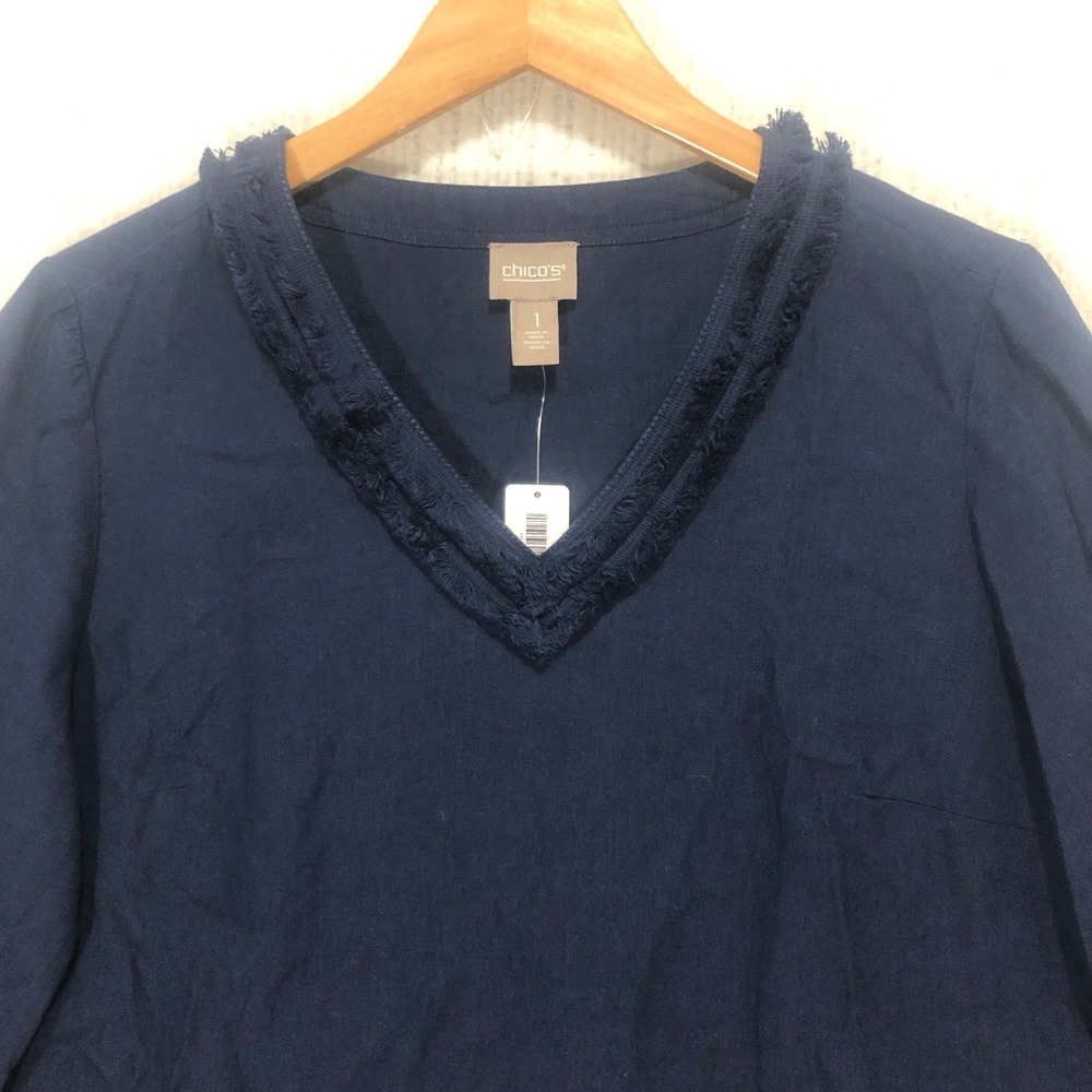 Chicos Navy Blue Linen Blend Fringe V-Neck 3/4 Sleeve Top Size 1 Medium New